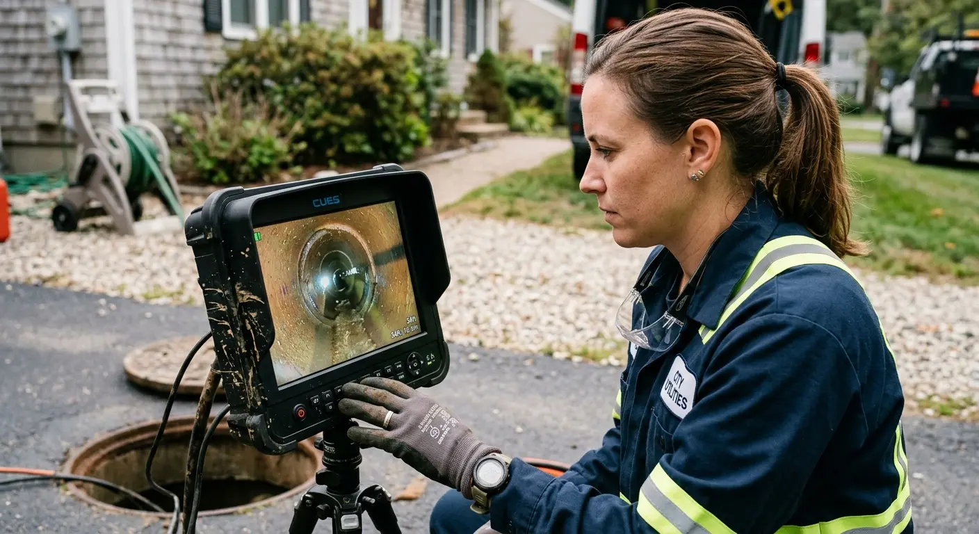 Technician reviewing sewer camera inspection footage in Patton