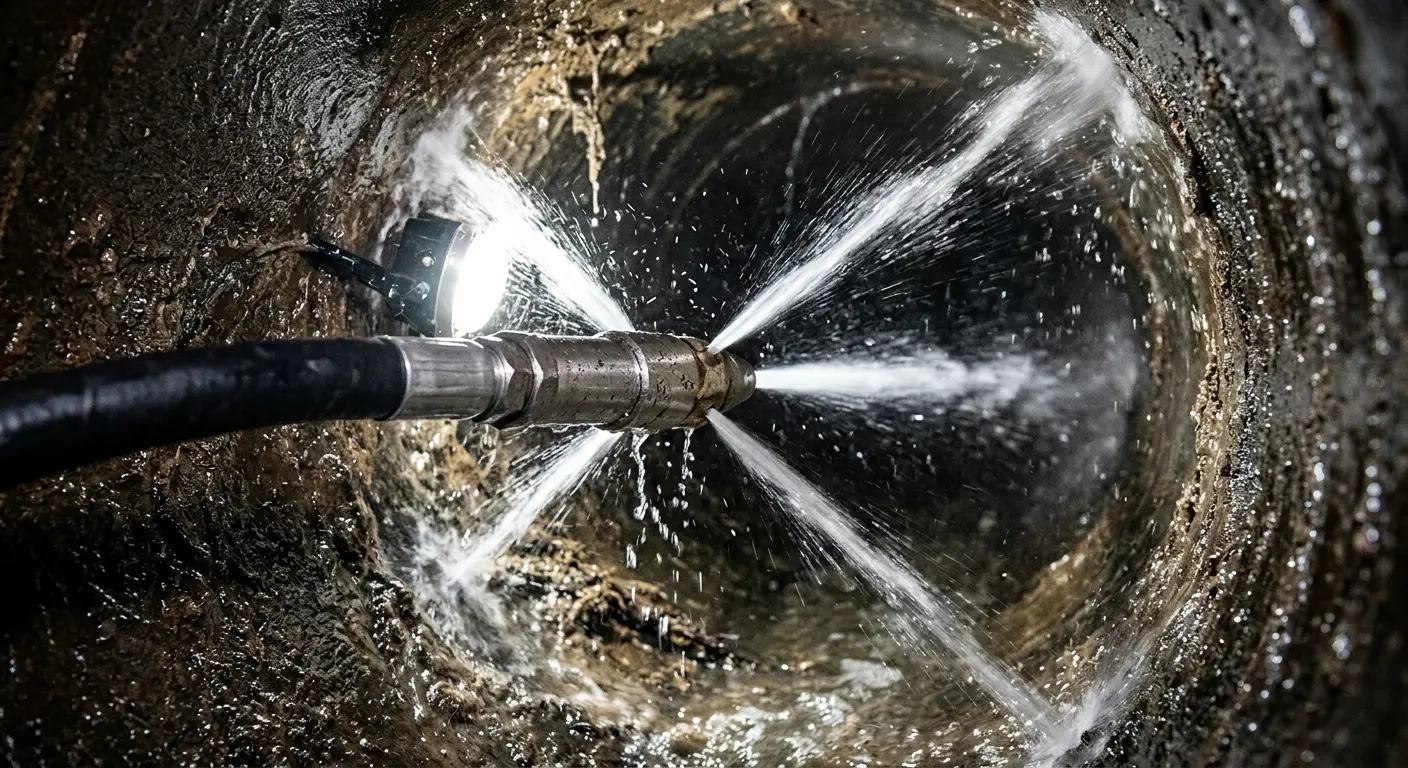 High-pressure hydro jetting nozzle cleaning sewer pipe for Trenchless Sewer Repair in Patton