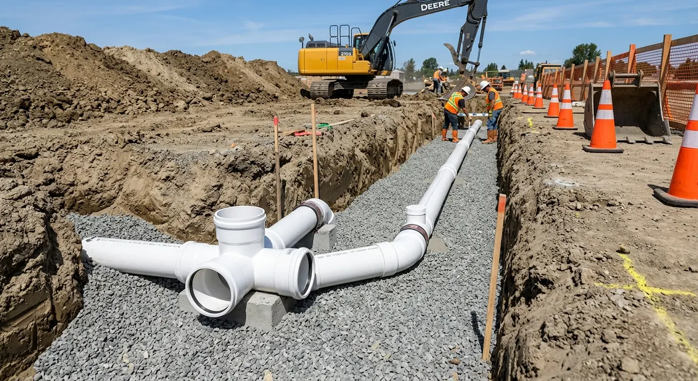 New PVC sewer pipe installation in open trench for Commercial Drain Cleaning in Patton