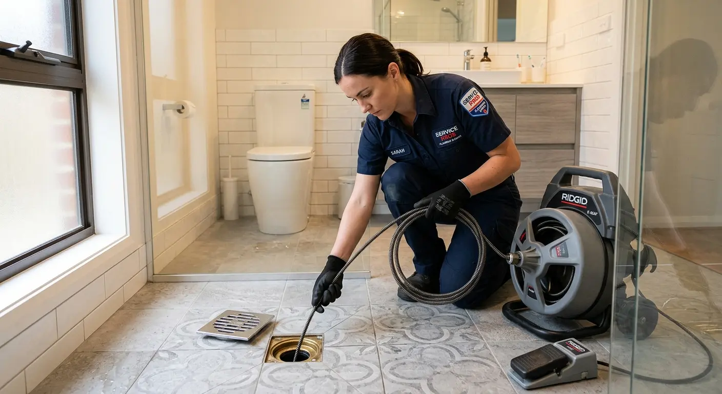 Technician clearing a bathroom floor drain for Sewer Line Replacement in Patton